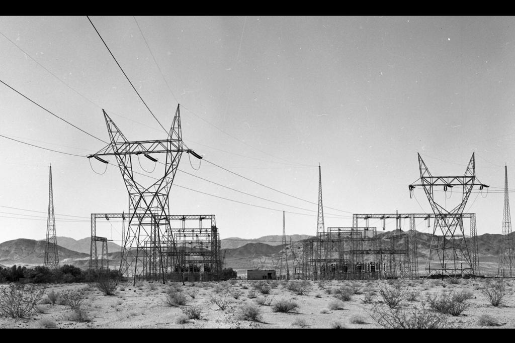 Power transmission towers in the desert