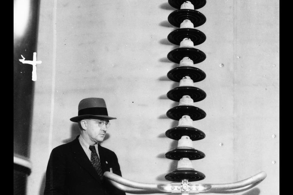 Man standing behind transmission line insulators