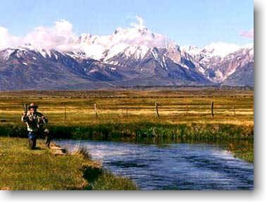 Man fishing at edge of river, with snow cap mountains in the background