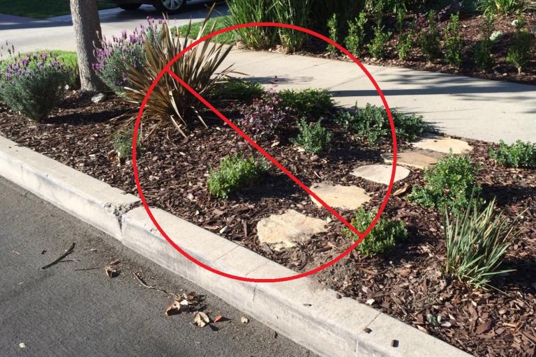 Parkway with wood chips and stone steps with Don't overlay