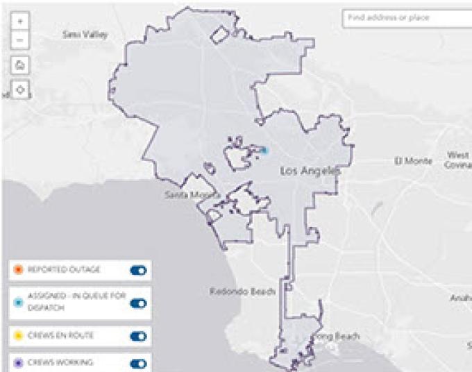 LADWP power outage map showing the service boundary and a reported outage status. 