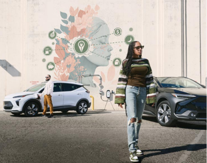 Young woman walking away from her electric vehicle after parking it in a lot with chargers.The wall behind them shows an eco-inspired mural with icons that relate to EV ownership.