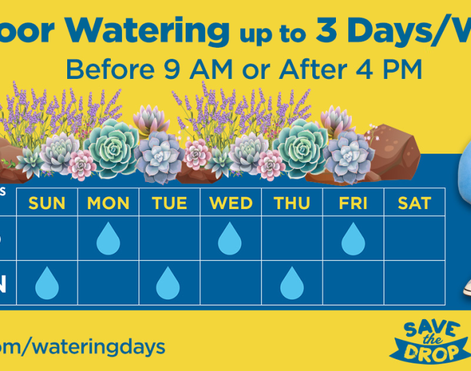 Yellow and blue background. Table showing days of the week with drop images. Odd days, drop is on Monday, Wednesday, and Friday. Even days are on Sunday, Tuesday, and Thursday. an odd and even column. Text reads: Outdoor watering up to 3 days a week.