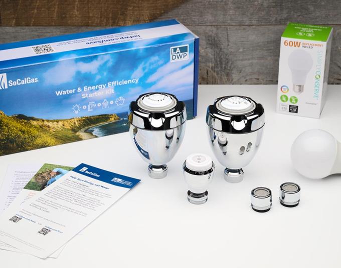 LADWP and SoCalGas efficiency kit contents: LED light bulbs faucet aerators showerheads and infographic inserts.