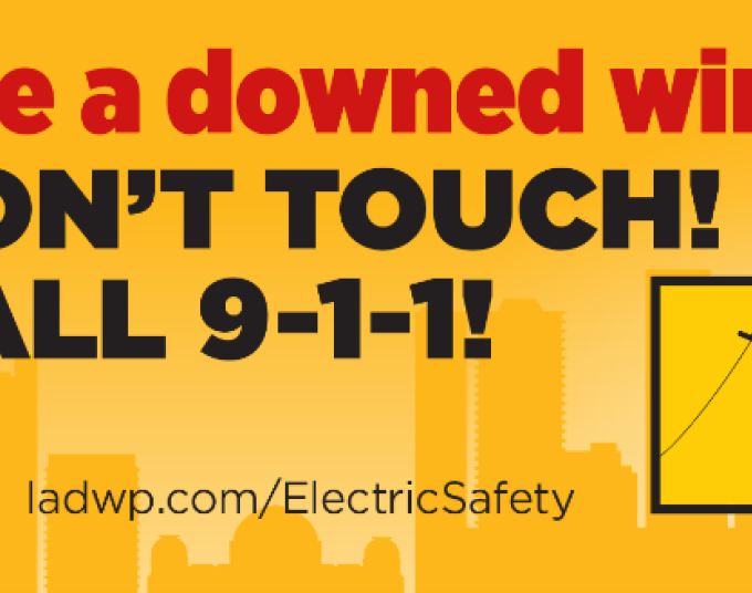 Illustration of an electric pole with downed wires. The text reads see a downed wire don't touch. Call 911.