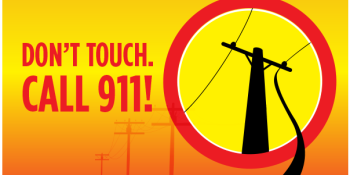 Graphic of a black power pole showing a live wire dangling from it. Image text says: Don’t touch. Call 911.